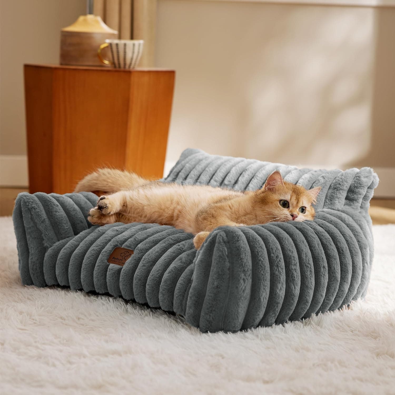 Bedsure ComfyFleece Cat Couch for Pets - Fluffy Cat Sofa with Premium Soft Corduroy Fleece, Fluffy Pet Couch Bed with Removable Washable Cover, Supportive Pet Chair for Indoor Cats, 24inch, Warm Grey