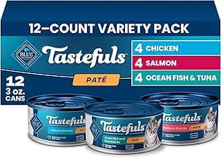 Blue Buffalo Tastefuls Wet Cat Food Paté Variety Pack (Chicken, Salmon, Ocean Fish & Tuna) for Adult Cats, Made with Natural Ingredients, 3-oz. Each (12 Cans)
