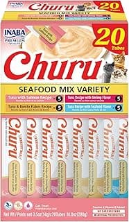 INABA Churu Cat Treats, Lickable, Squeezable Creamy Purée Cat Treat with Green Tea Extract & Taurine, 0.5 Ounces Each Tube, 20 Tubes, Seafood Variety Box