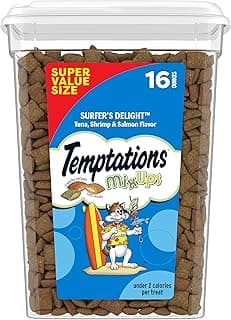Temptations Cat Treats MixUps Surfer's Delight, Tuna, Shrimp, Salmon Flavor, Crunchy and Soft Cat Treats, 16 oz. Tub