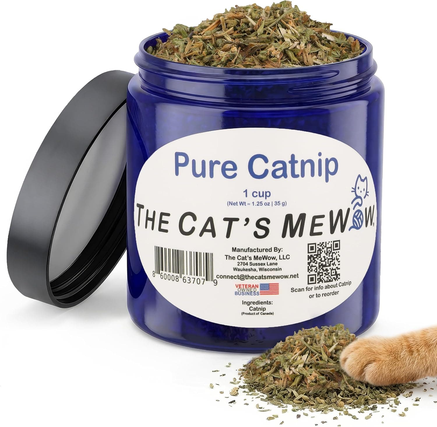 The Cat's MeWow 100% Pure Catnip – North American Grown – Strong Aroma for Play & Enrichment – Resealable Freshness Jar – Veteran-Owned Brand