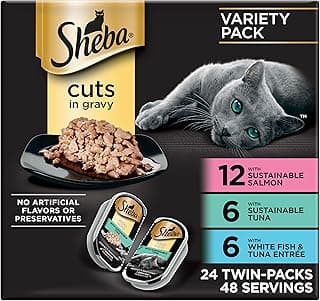 Sheba Perfect Portions Wet Cat Food Cuts in Gravy, Cat Food Wet Recipe, Sustainable Salmon, Tuna, White Fish and Tuna Entree, 2.6 oz. Twin-Pack Trays (24 Count, 48 Servings)