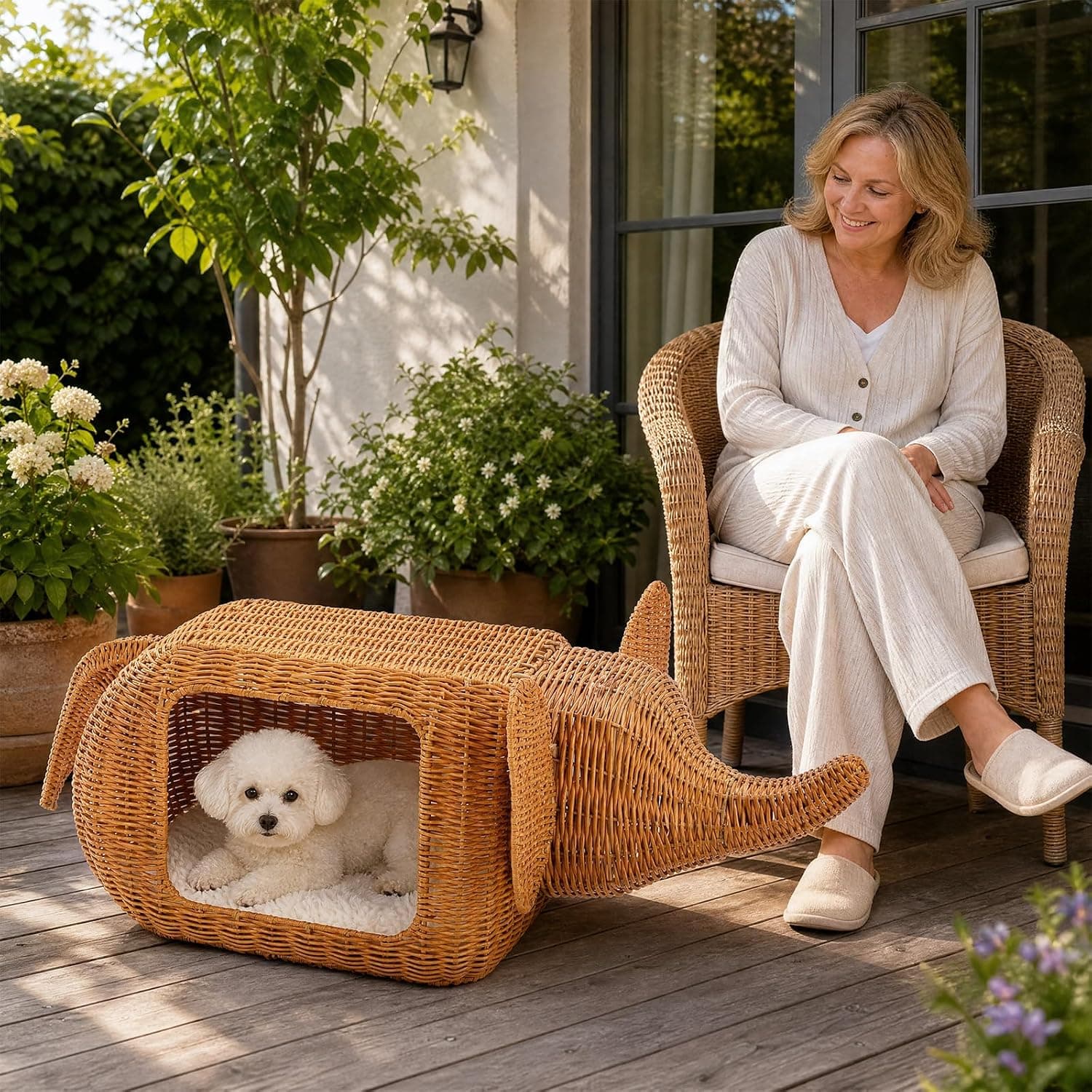 Elephant Shaped Rattan Cat Bed, Breathable Hand-Woven Wicker Cat Cave with Plush Cushion, All-Season Cozy Hideaway House for Puppy & Small Pets, Indoor & Outdoor Use