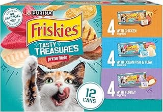 Purina Friskies Wet Cat Food Variety Pack, Tasty Treasures Prime Filets (With Ocean Fish and Tuna, With Chicken and With Turkey) - 5.5 Ounce (Pack of 12)