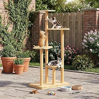Outdoor Cat Tree, 60" Tall Cat Tower Weatherproof for Patio,Balcony,Garden, Durable 4-Tier Natural Wood w/Scratching Posts for Multiple Cats,Outside&Indoor Adult Cats and Kittens Play, Climbing