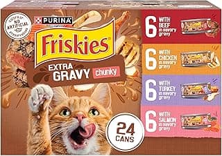 Purina Friskies Extra Gravy Wet Cat Food Chunky 24ct Variety Pack (With Chicken, Turkey, Salmon, Beef) - (Pack of 24) 5.5 oz. Cans